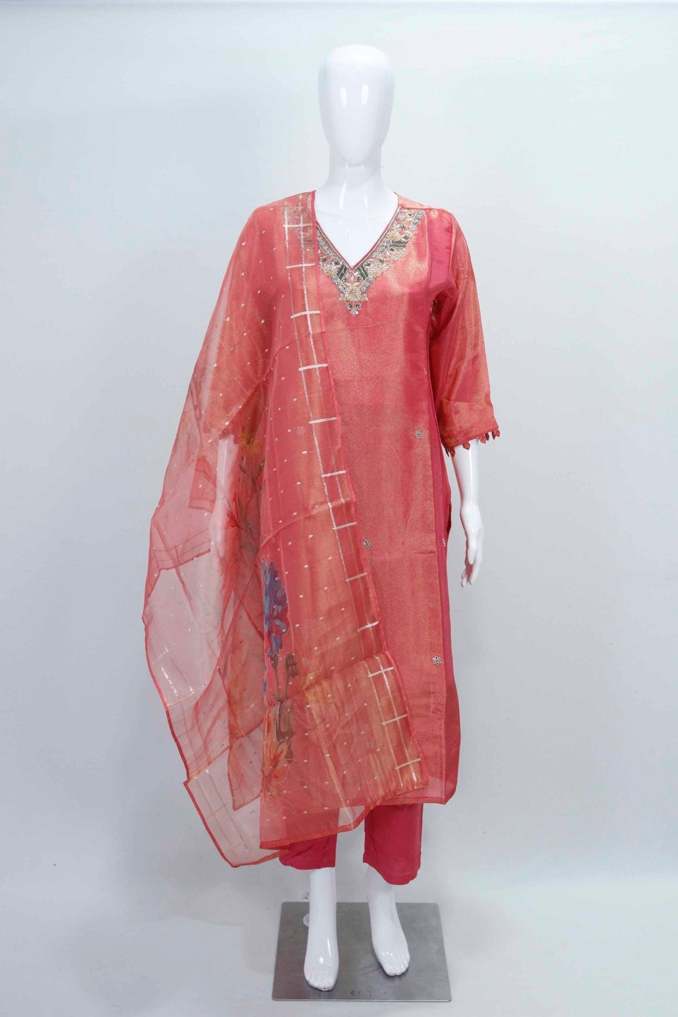 Peach Pink Silk Blend Kurta Set with Embroidered Neckline and Printed Organza Dupatta - Mangaldeep NX