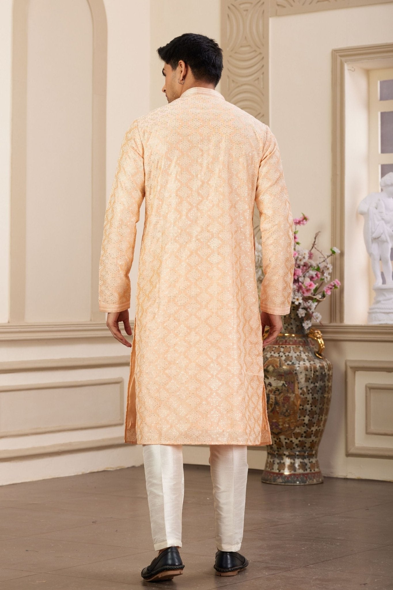 Peach Sequin Embroidered Silk Kurta Pajama Set for Men - Mangaldeep NX