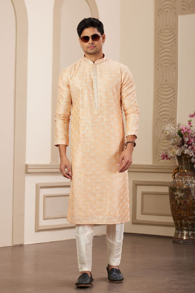 Peach Sequin Embroidered Silk Kurta Pajama Set for Men - Mangaldeep NX