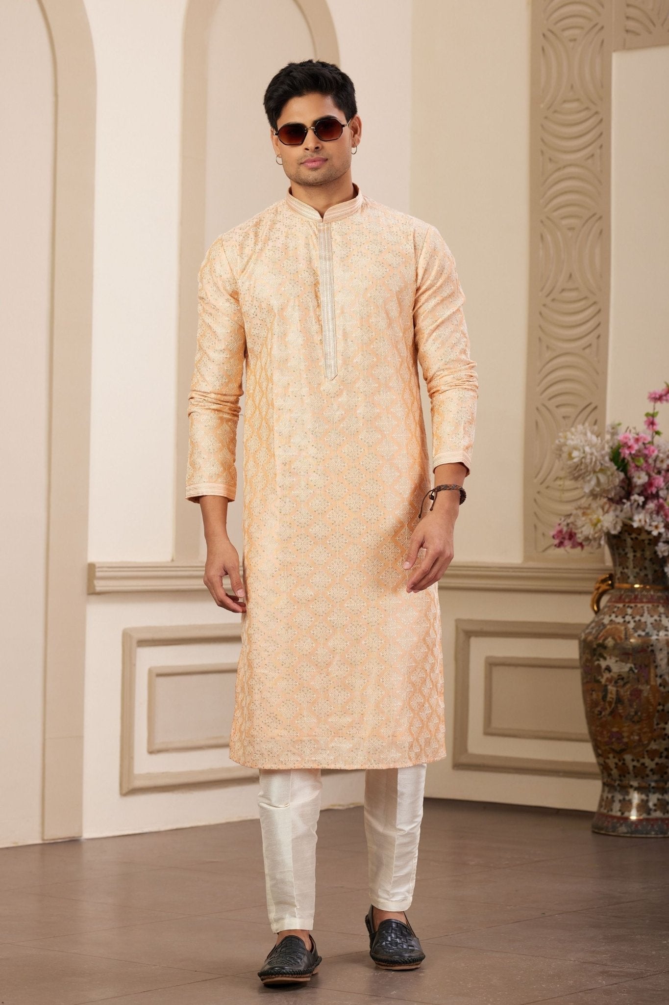 Peach Sequin Embroidered Silk Kurta Pajama Set for Men - Mangaldeep NX