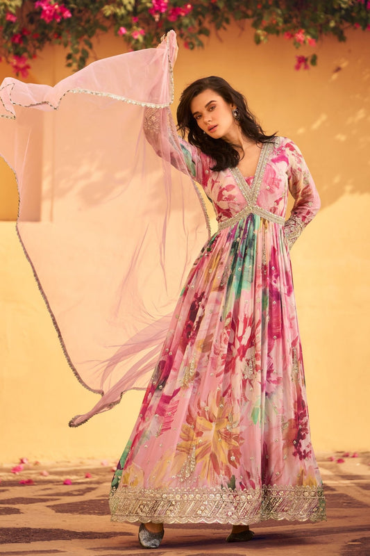 Perfect Pink Floral Anarkali Dress with Embroidered Dupatta - Mangaldeep NX