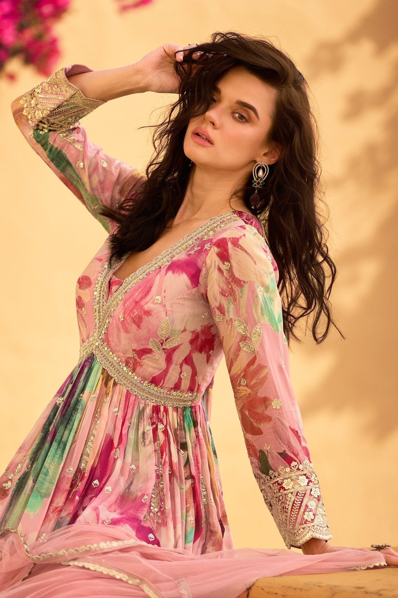 Perfect Pink Floral Anarkali Dress with Embroidered Dupatta - Mangaldeep NX