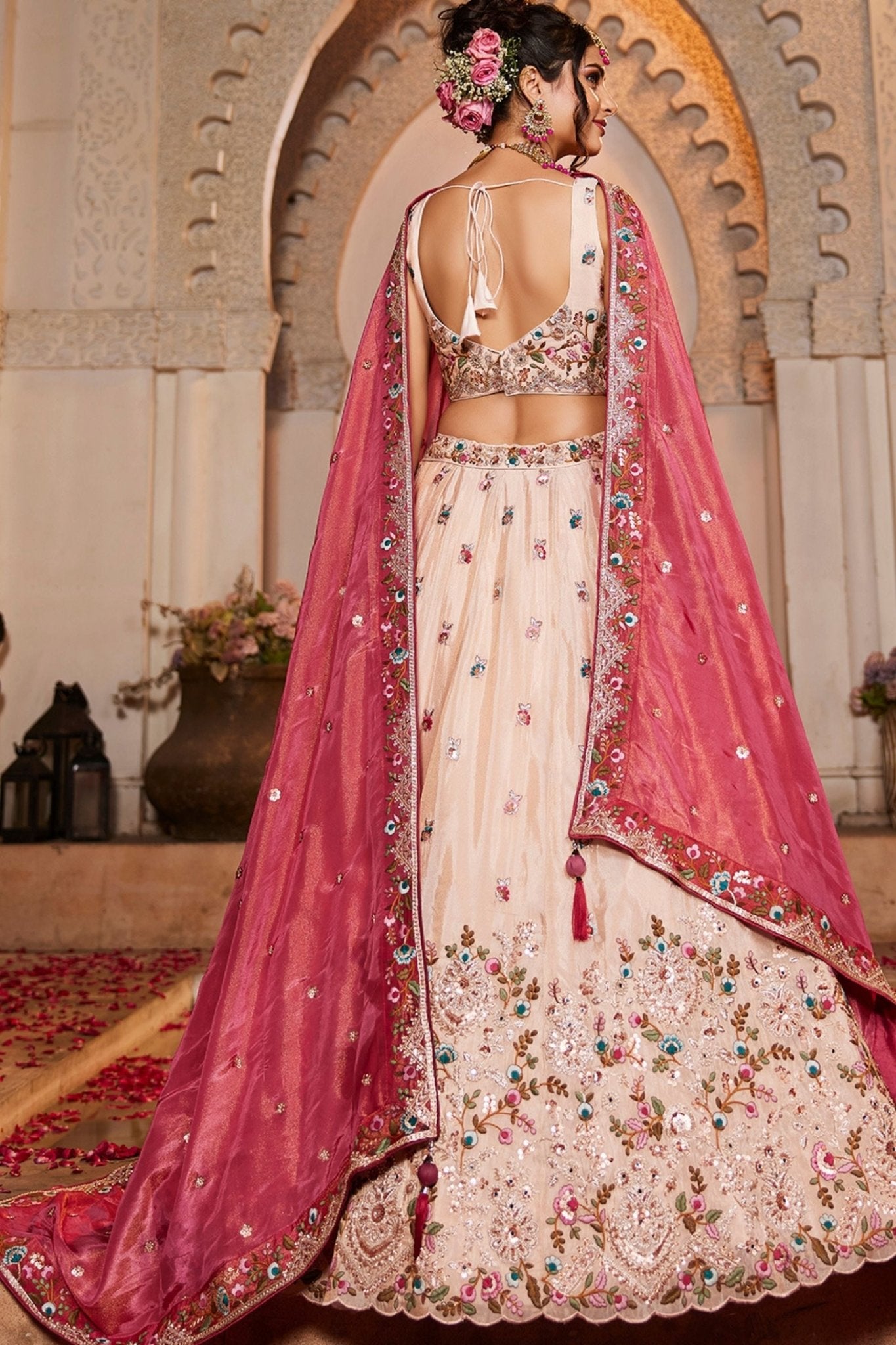Pink and Cream Embroidered Bridal Lehenga Choli with Sequin Work and Dupatta - Mangaldeep NX