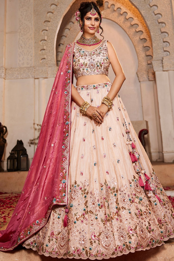 Pink and Cream Embroidered Bridal Lehenga Choli with Sequin Work and Dupatta - Mangaldeep NX