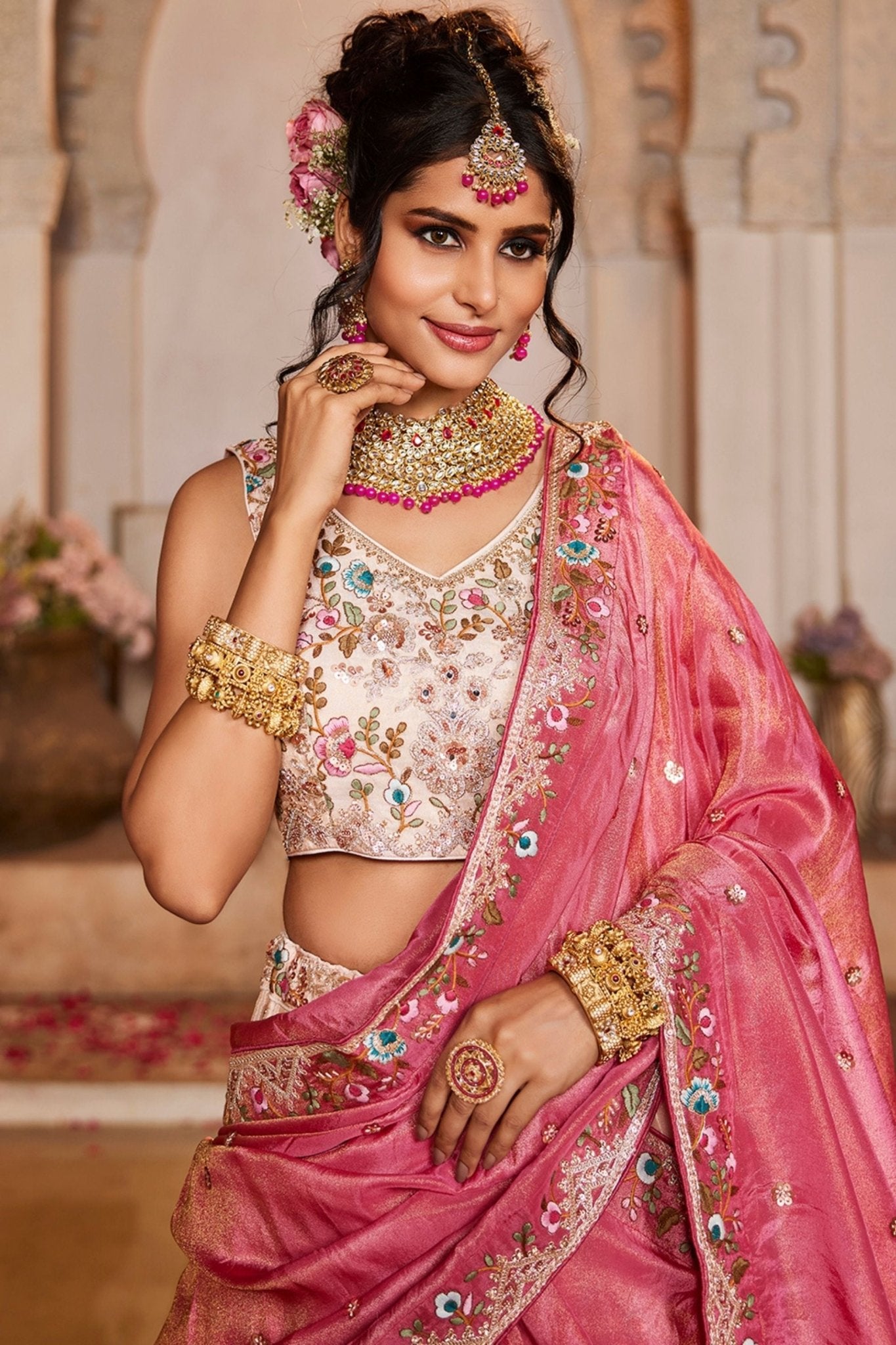 Pink and Cream Embroidered Bridal Lehenga Choli with Sequin Work and Dupatta - Mangaldeep NX