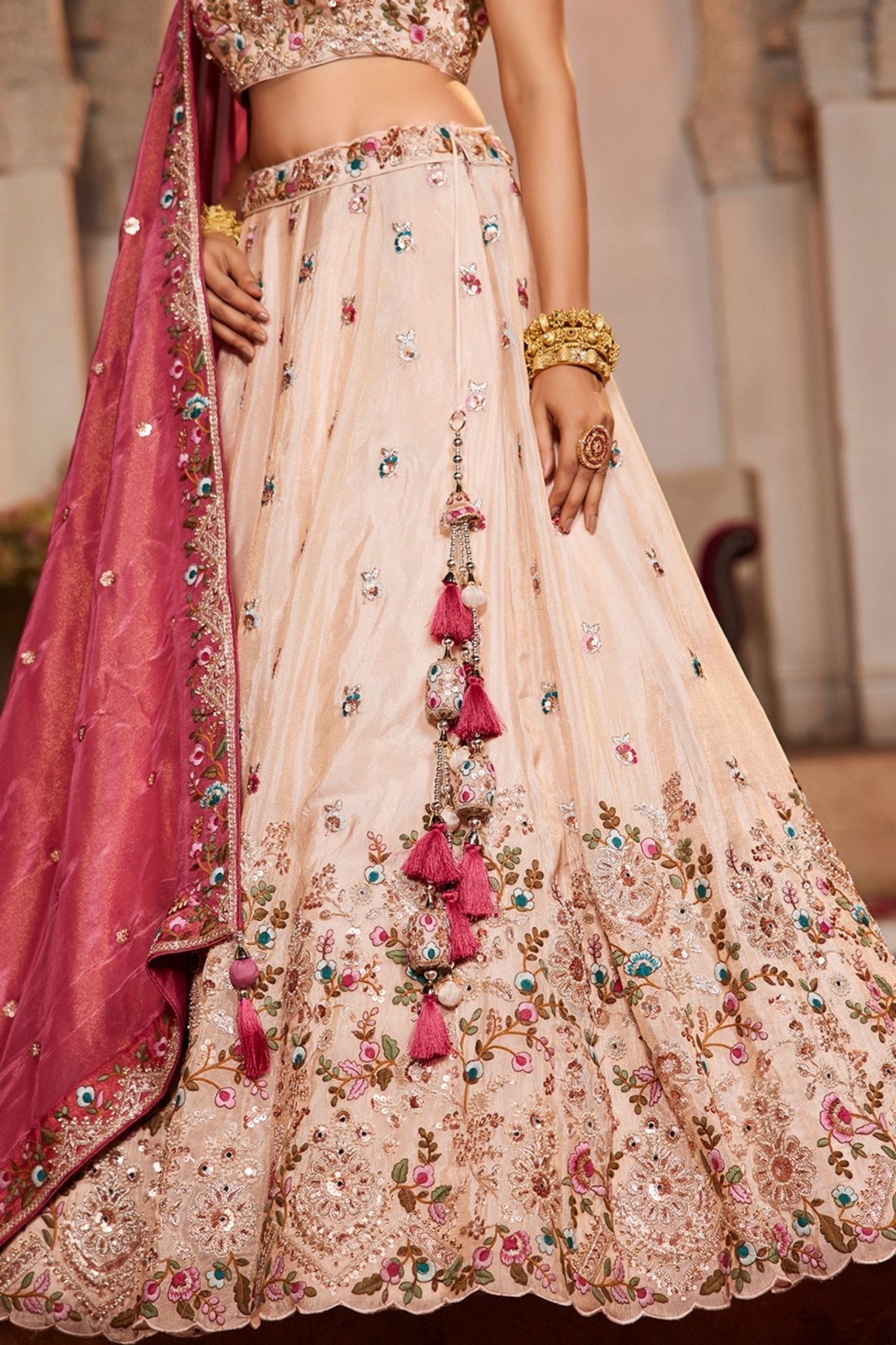 Pink and Cream Embroidered Bridal Lehenga Choli with Sequin Work and Dupatta - Mangaldeep NX