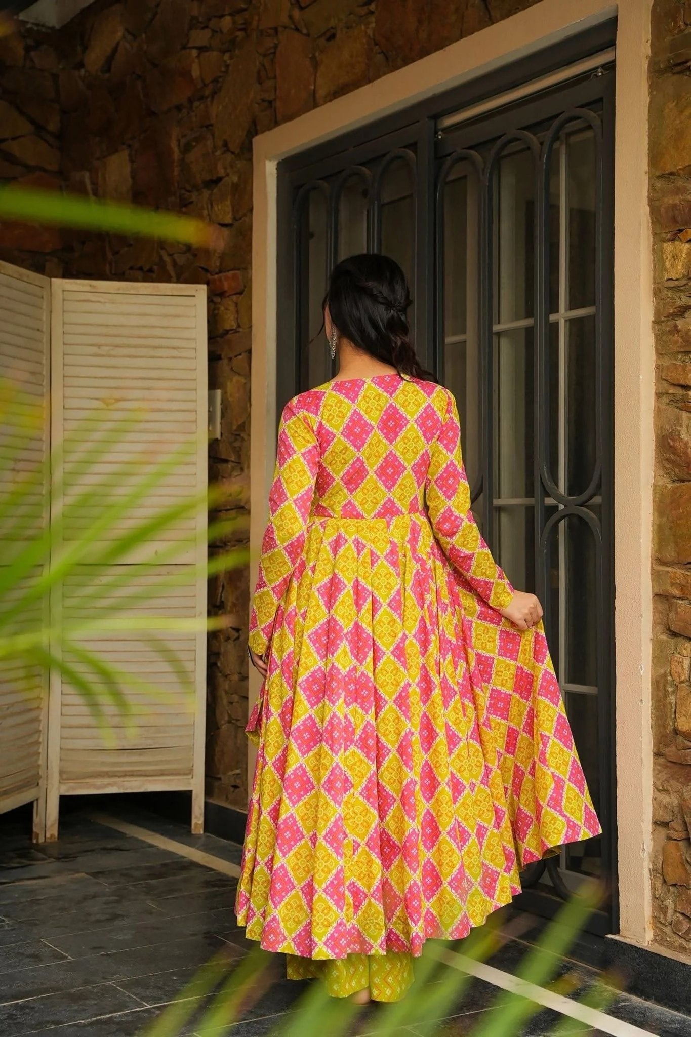Pink and Yellow Rayon Bandhani Print Kurti with Palazzo Set for Festive Wear - Mangaldeep NX