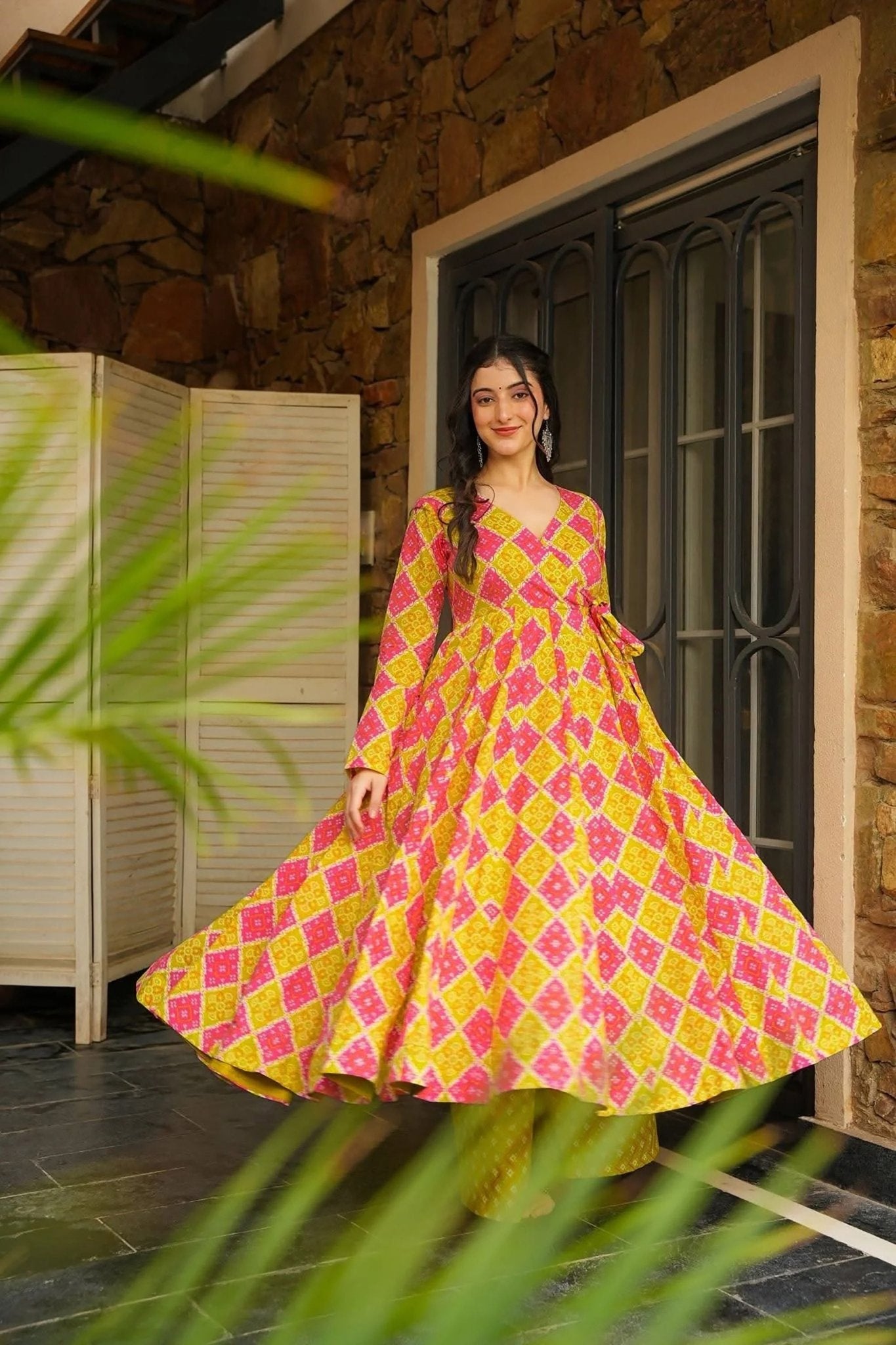 Pink and Yellow Rayon Bandhani Print Kurti with Palazzo Set for Festive Wear - Mangaldeep NX