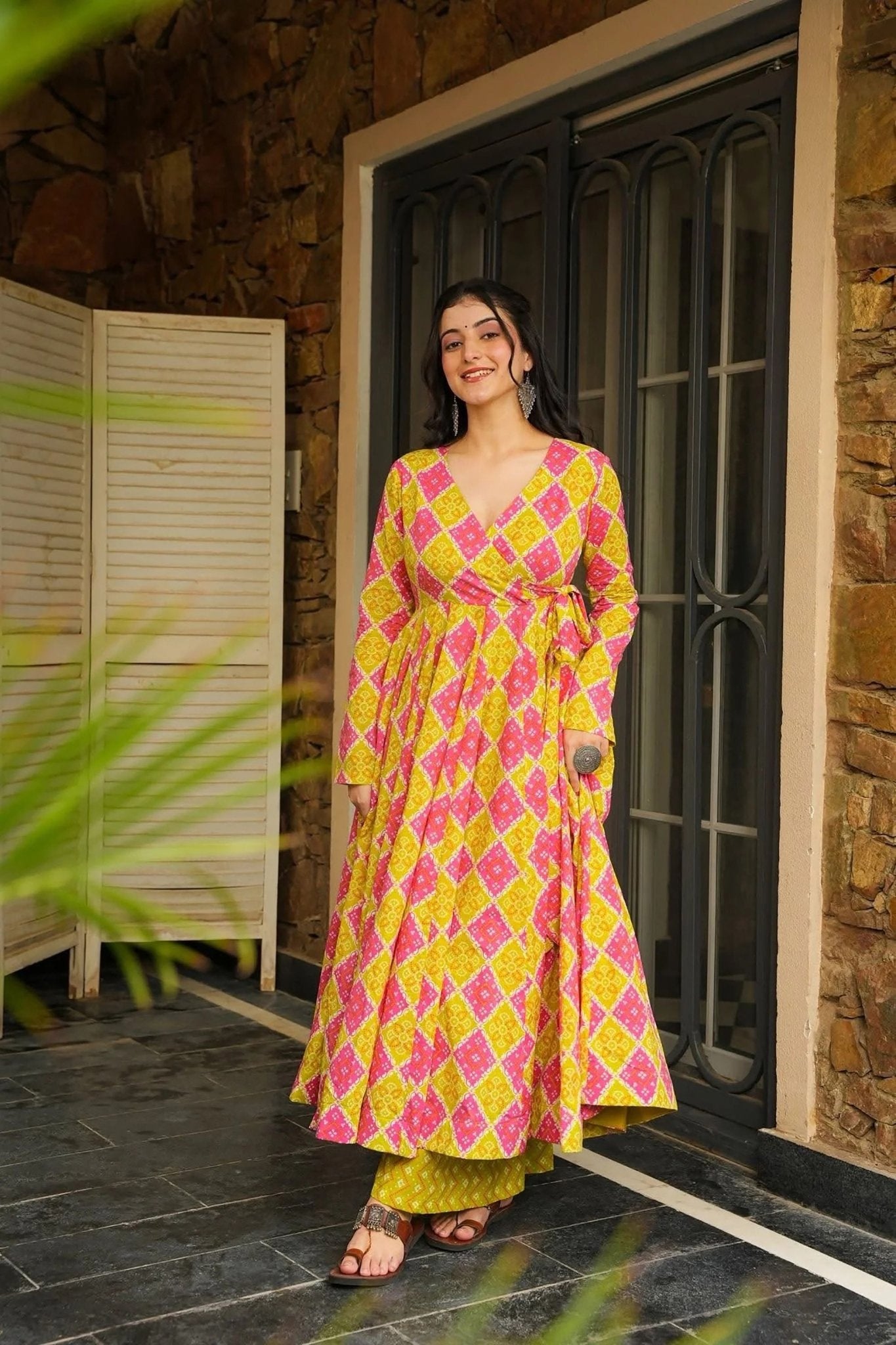 Pink and Yellow Rayon Bandhani Print Kurti with Palazzo Set for Festive Wear - Mangaldeep NX