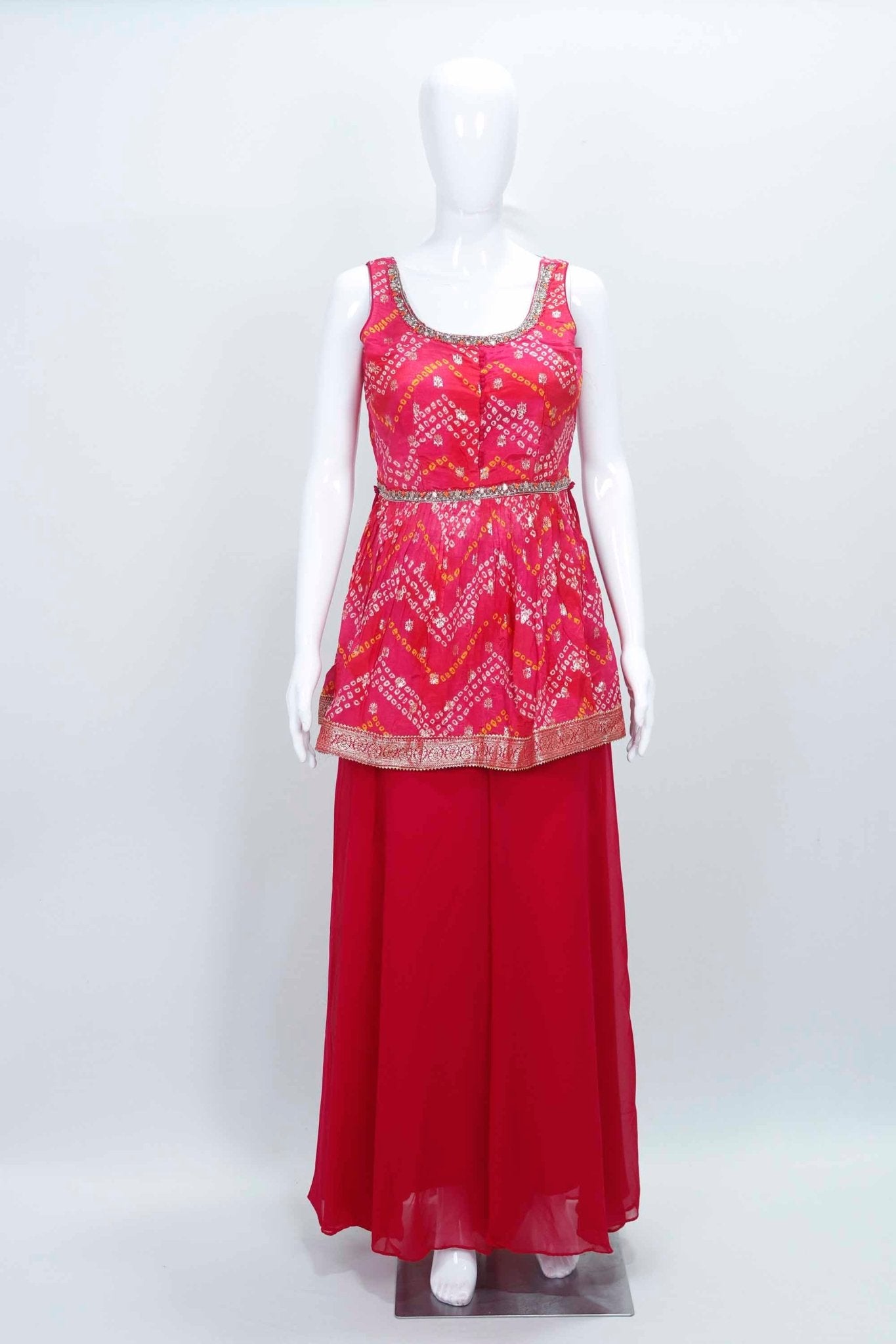 Pink Bandhani Printed With Mirror and Zari Sharara Set With Dupatta for Party Wear - Mangaldeep NX