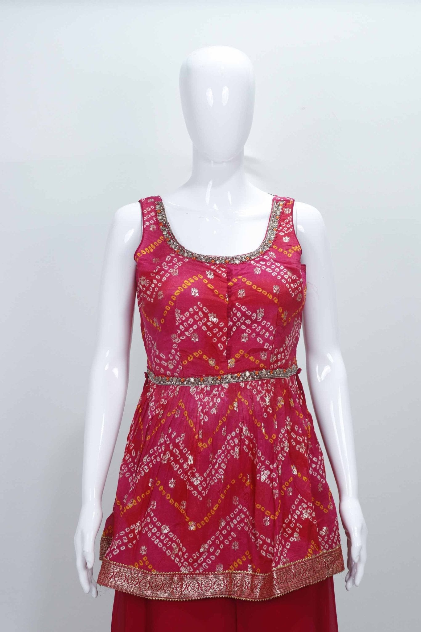 Pink Bandhani Printed With Mirror and Zari Sharara Set With Dupatta for Party Wear - Mangaldeep NX