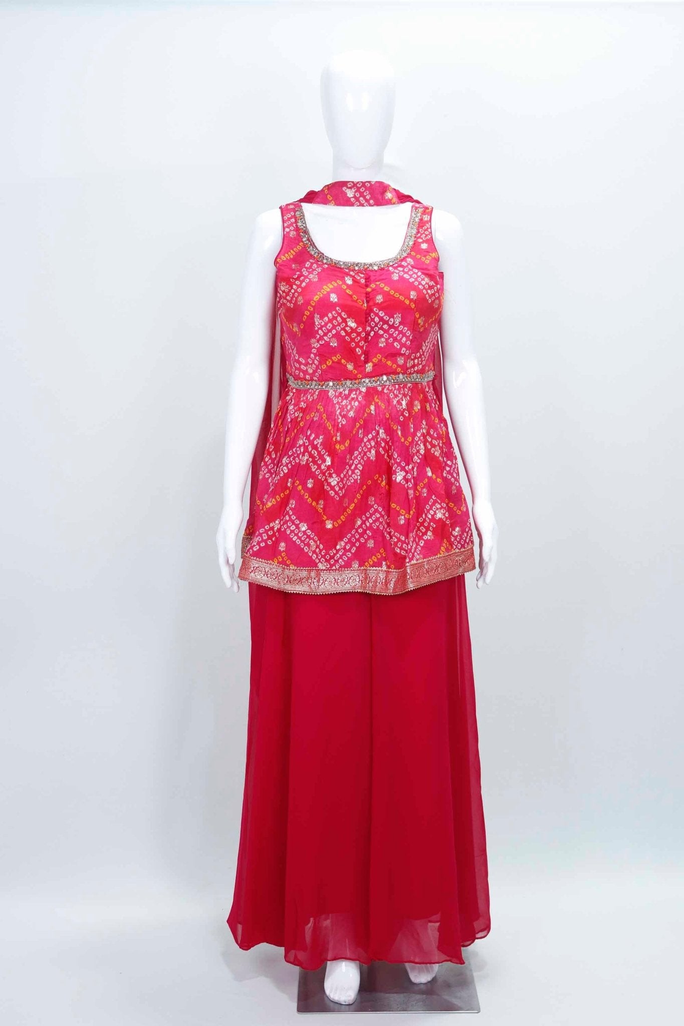 Pink Bandhani Printed With Mirror and Zari Sharara Set With Dupatta for Party Wear - Mangaldeep NX