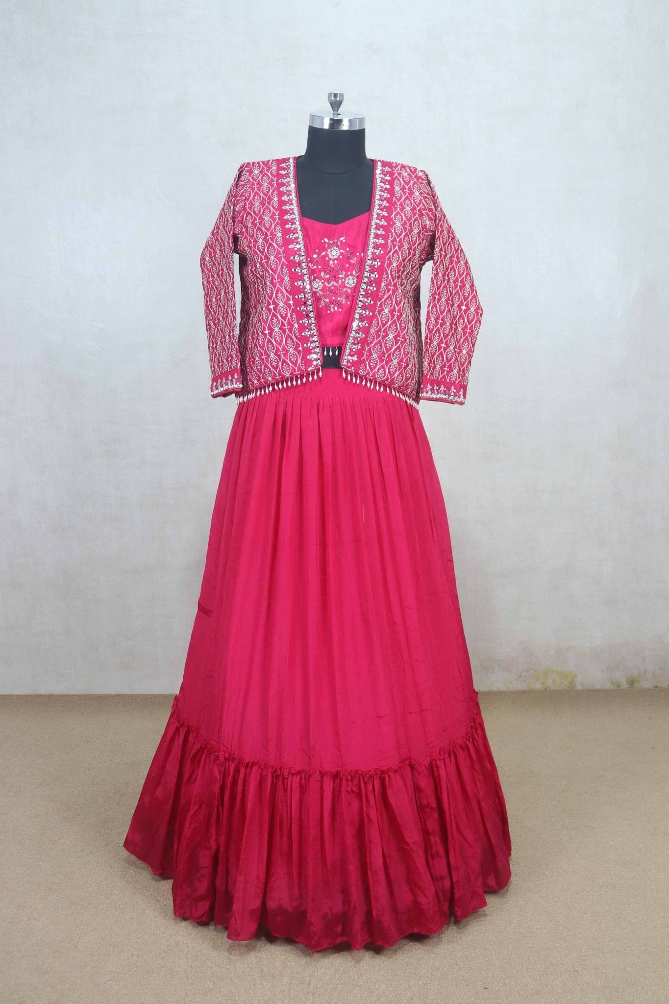 Pink Embroidered Crop Top Lehenga Set with Jacket - Mangaldeep NX