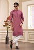 Pink Embroidered Kurta with White Churidar Pants for Men - Mangaldeep NX