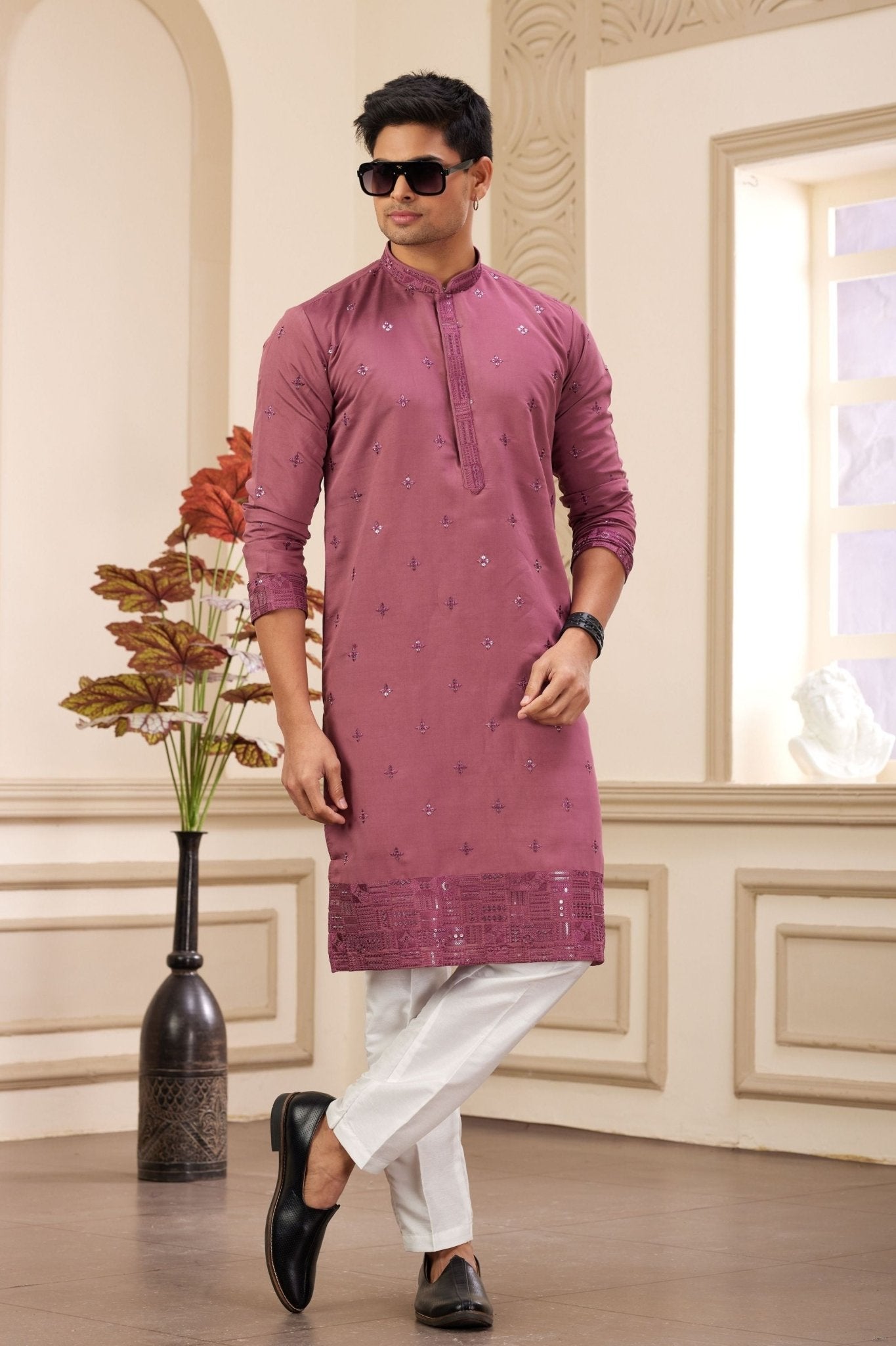 Pink Embroidered Kurta with White Churidar Pants for Men - Mangaldeep NX