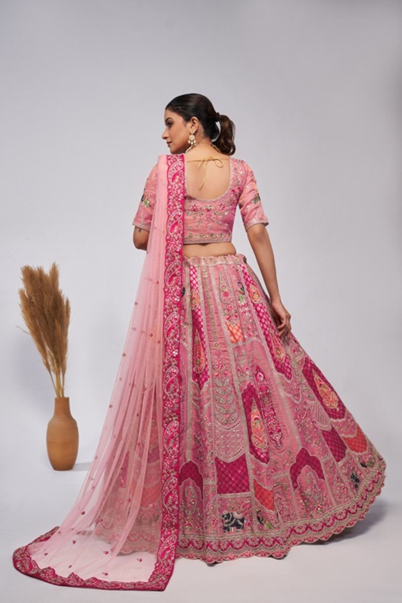 Pink Embroidered Net Lehenga Choli with Elephant and Bandhani Motifs and Sequin Dupatta - Mangaldeep NX