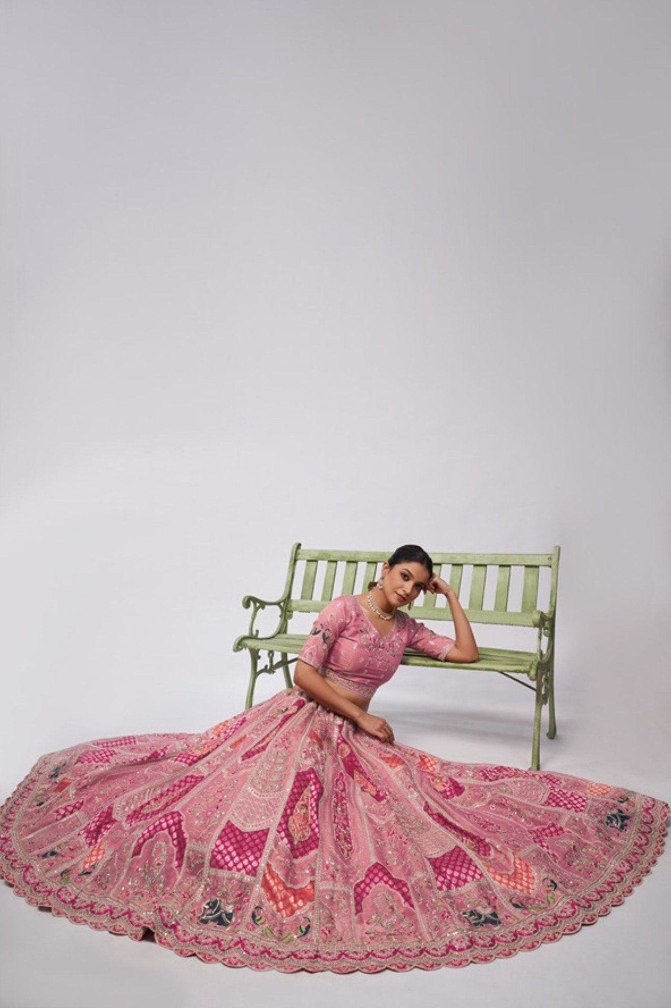 Pink Embroidered Net Lehenga Choli with Elephant and Bandhani Motifs and Sequin Dupatta - Mangaldeep NX