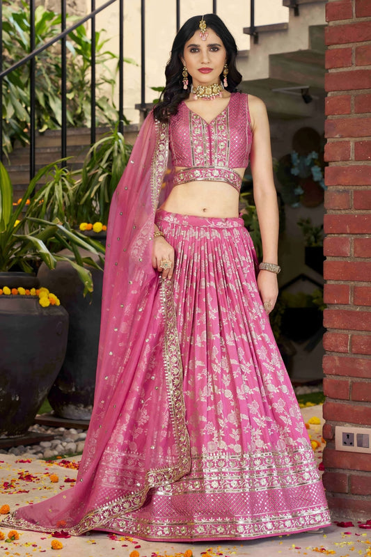 Pink Embroidered Silk Lehenga Choli Set with Sequin Dupatta - Mangaldeep NX