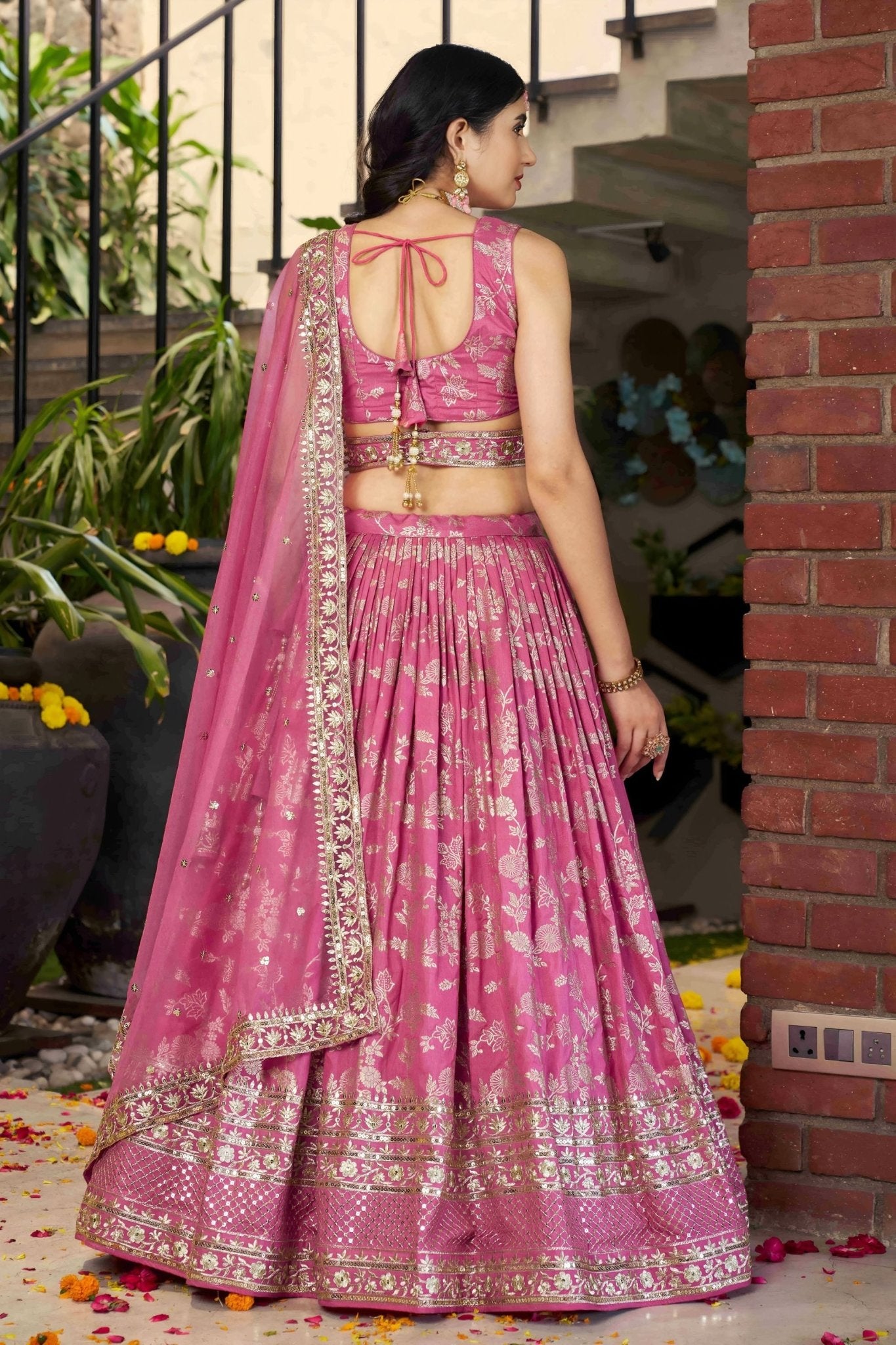 Pink Embroidered Silk Lehenga Choli Set with Sequin Dupatta - Mangaldeep NX