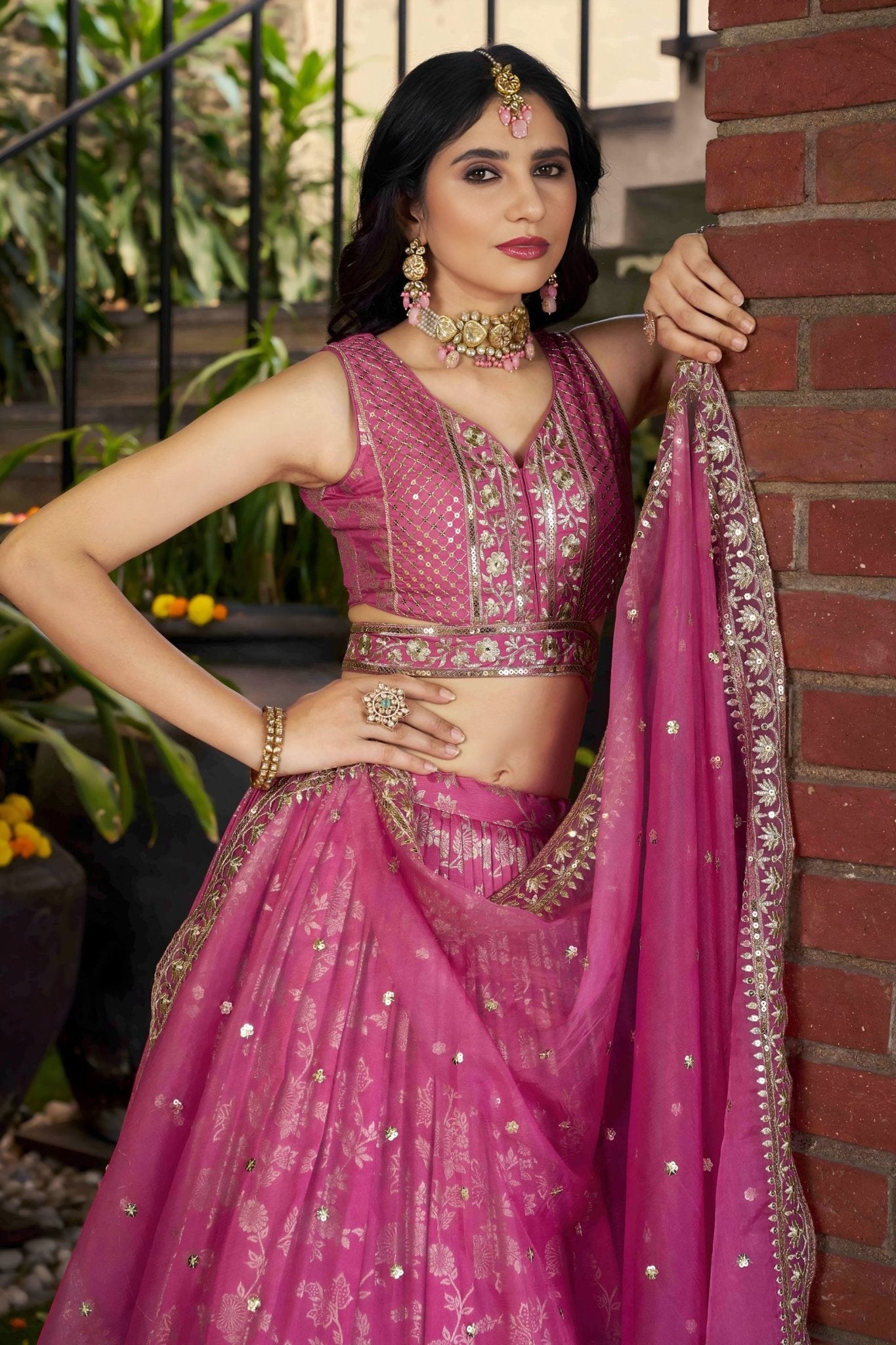 Pink Embroidered Silk Lehenga Choli Set with Sequin Dupatta - Mangaldeep NX