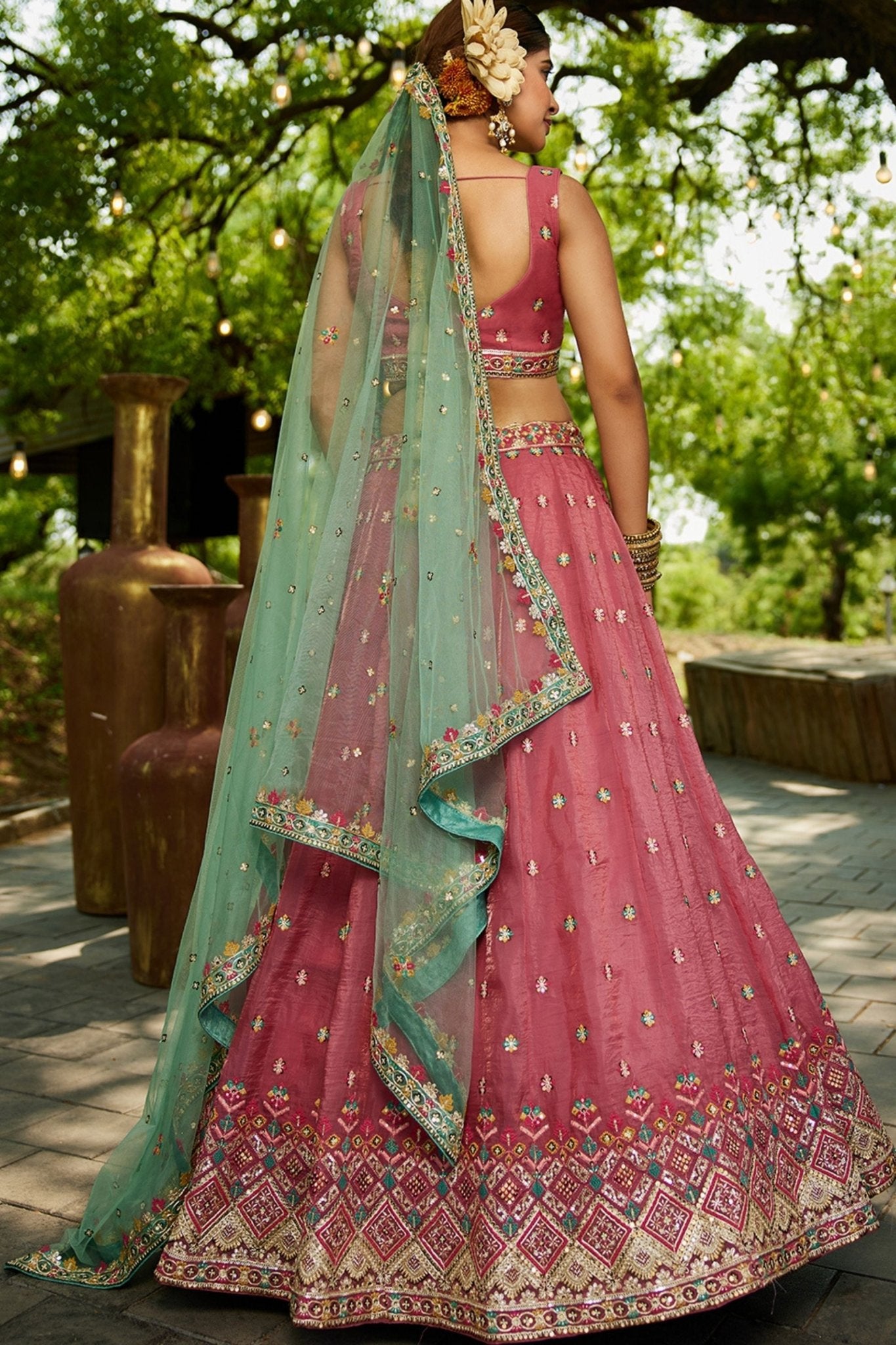 Pink Embroidered Silk Lehenga Choli with Mint Green Net Dupatta - Mangaldeep NX