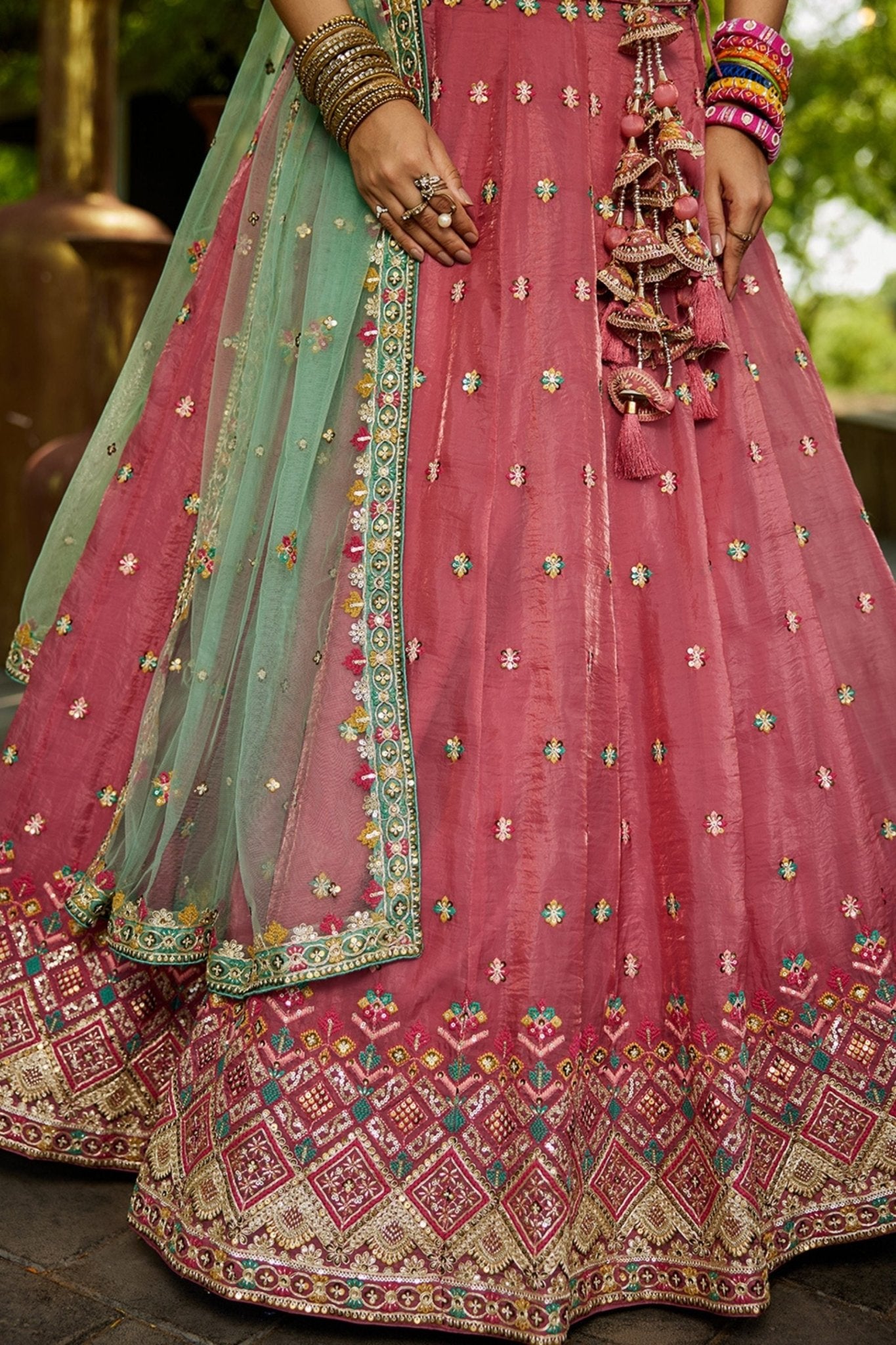 Pink Embroidered Silk Lehenga Choli with Mint Green Net Dupatta - Mangaldeep NX