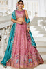 Pink Embroidered Silk Lehenga Choli with Multicolor Thread Work and Teal Dupatta - Mangaldeep NX
