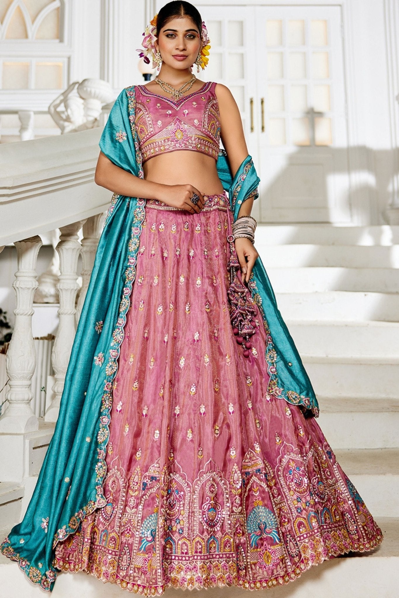 Pink Embroidered Silk Lehenga Choli with Multicolor Thread Work and Teal Dupatta - Mangaldeep NX