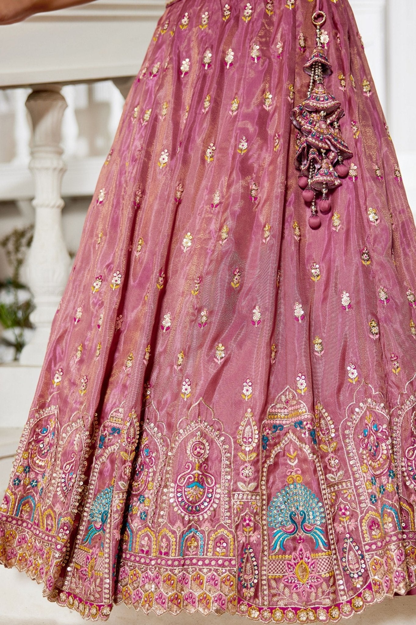 Pink Embroidered Silk Lehenga Choli with Multicolor Thread Work and Teal Dupatta - Mangaldeep NX