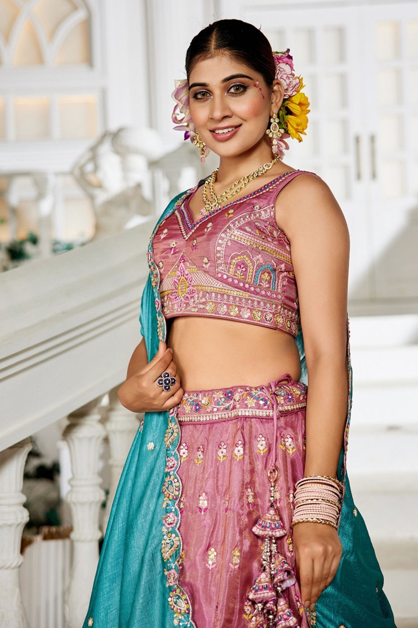 Pink Embroidered Silk Lehenga Choli with Multicolor Thread Work and Teal Dupatta - Mangaldeep NX