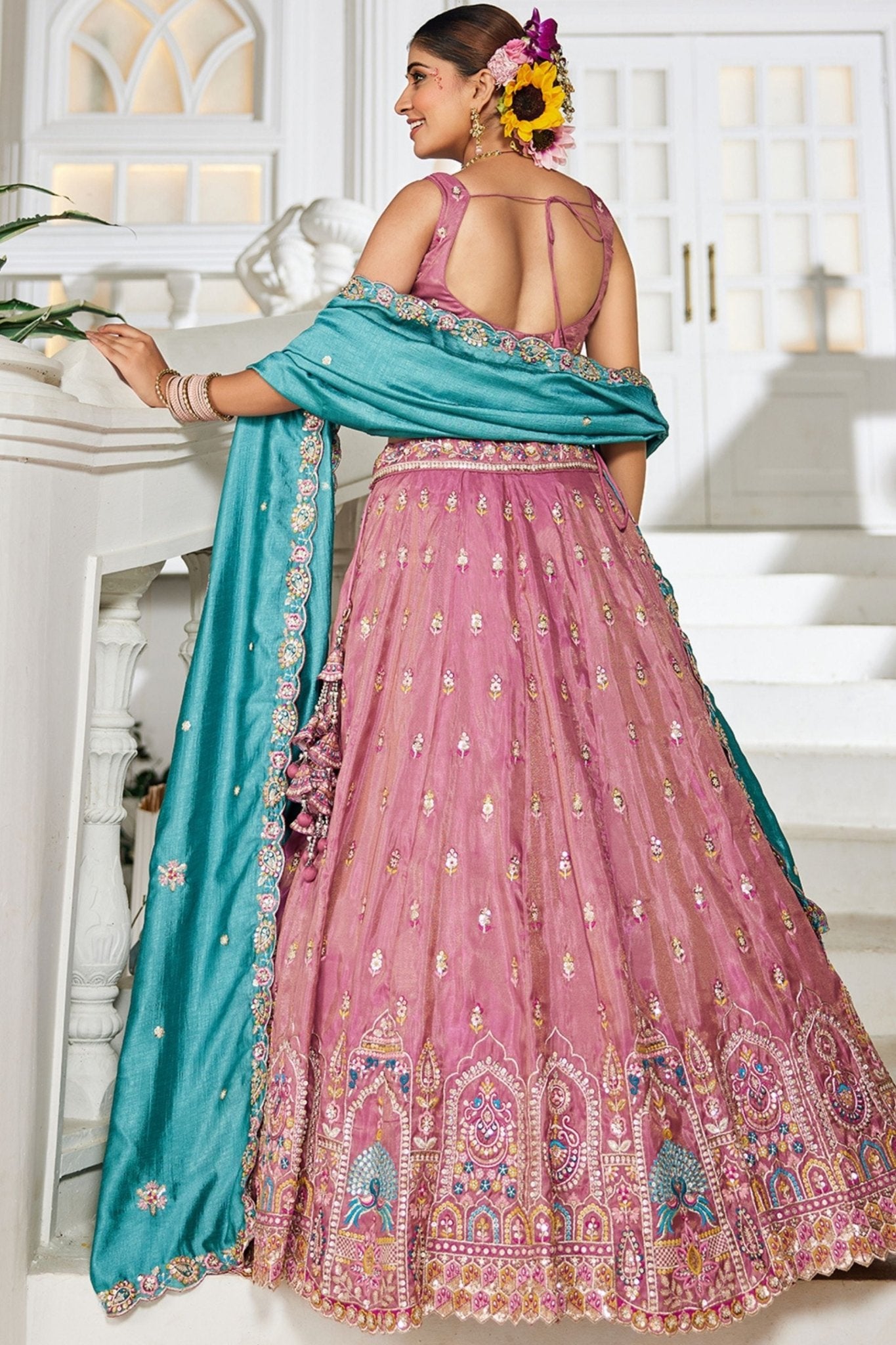 Pink Embroidered Silk Lehenga Choli with Multicolor Thread Work and Teal Dupatta - Mangaldeep NX
