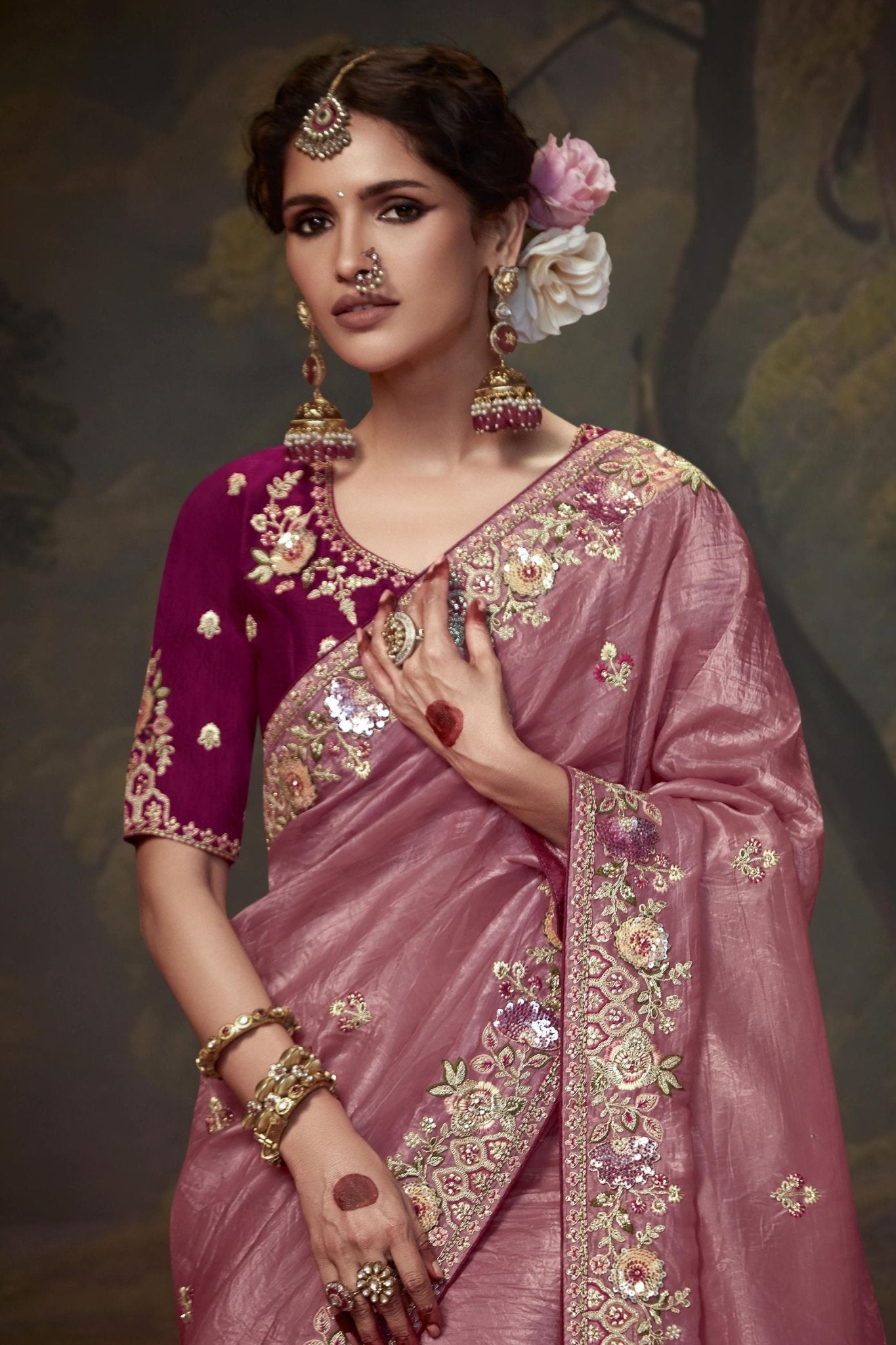 Pink Embroidered Silk Saree with Sequin Border and Wine Blouse - Mangaldeep NX
