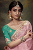 Pink Embroidered Silk Saree with Sequin Floral Border and Teal Green Blouse - Mangaldeep NX