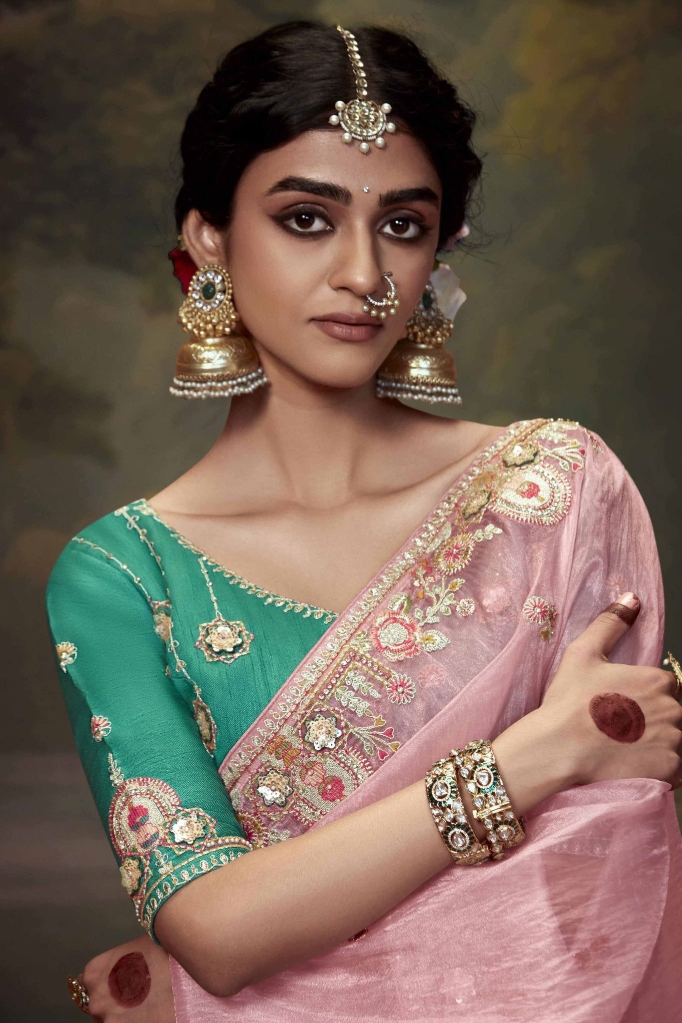 Pink Embroidered Silk Saree with Sequin Floral Border and Teal Green Blouse - Mangaldeep NX