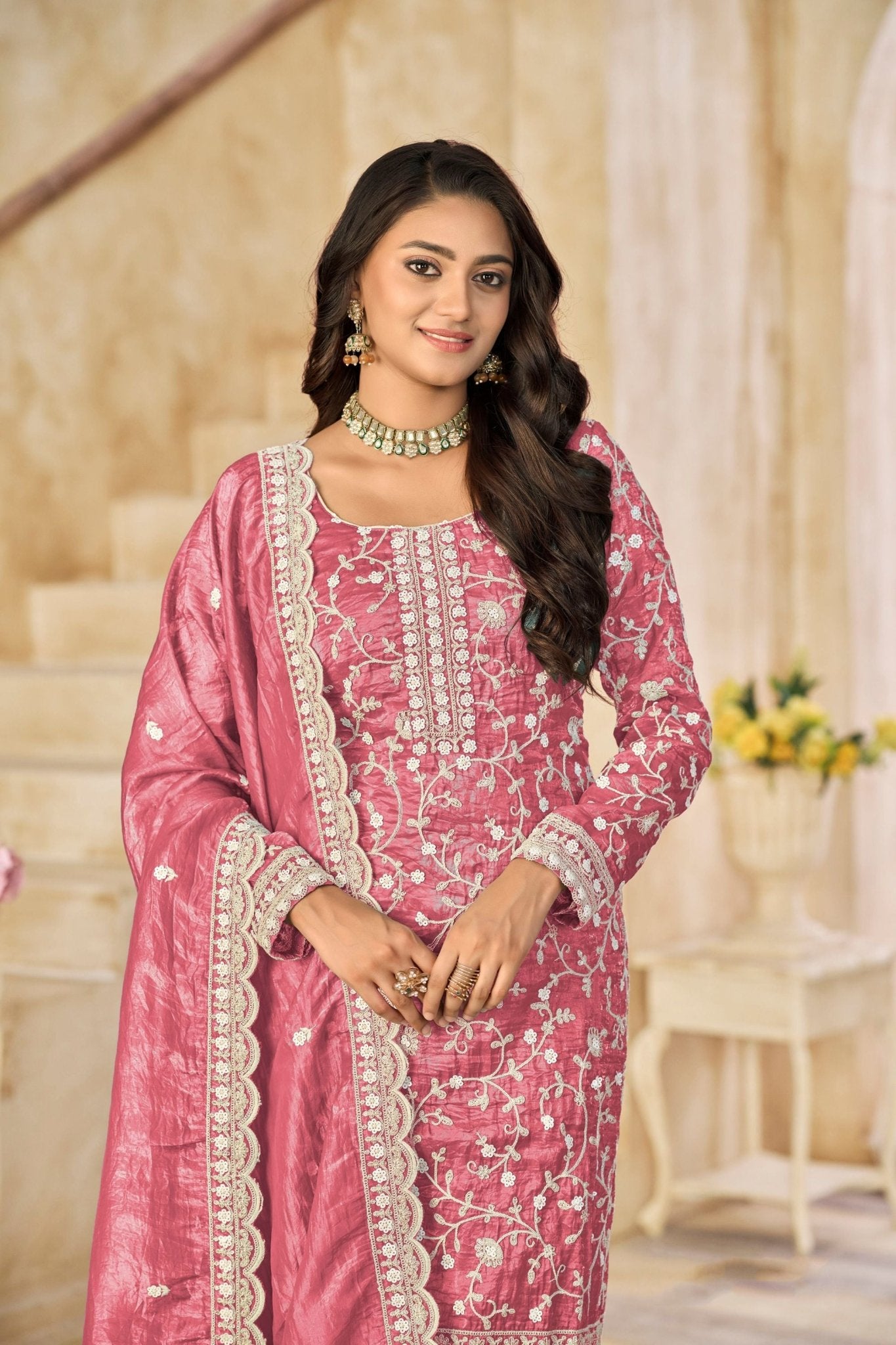 Pink Embroidered Straight Salwar Suit with Matching Dupatta - Mangaldeep NX