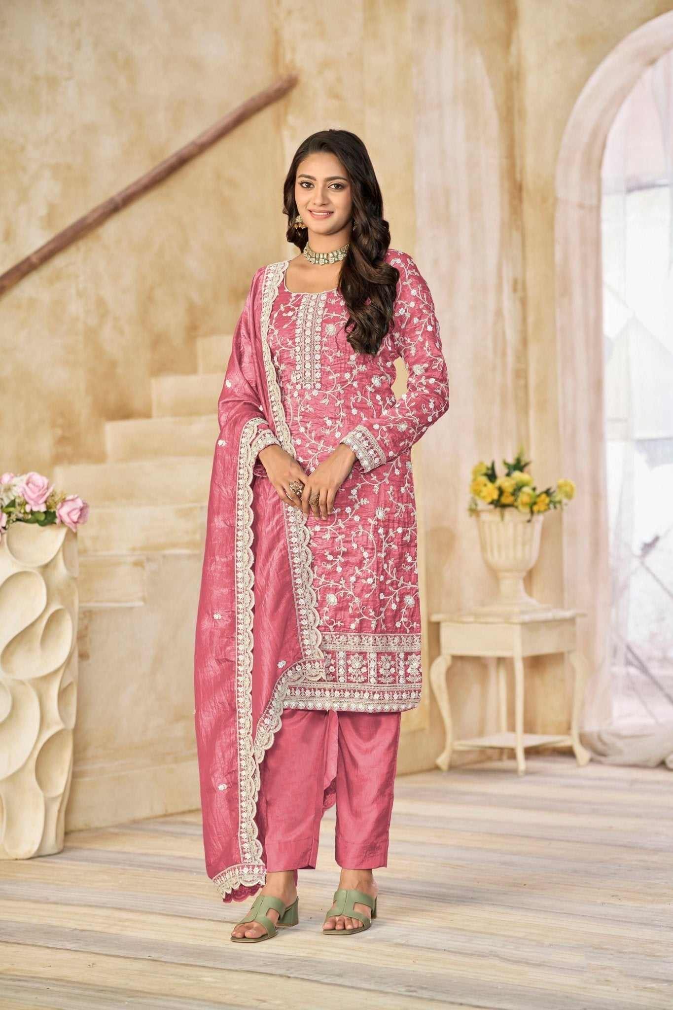 Pink Embroidered Straight Salwar Suit with Matching Dupatta - Mangaldeep NX