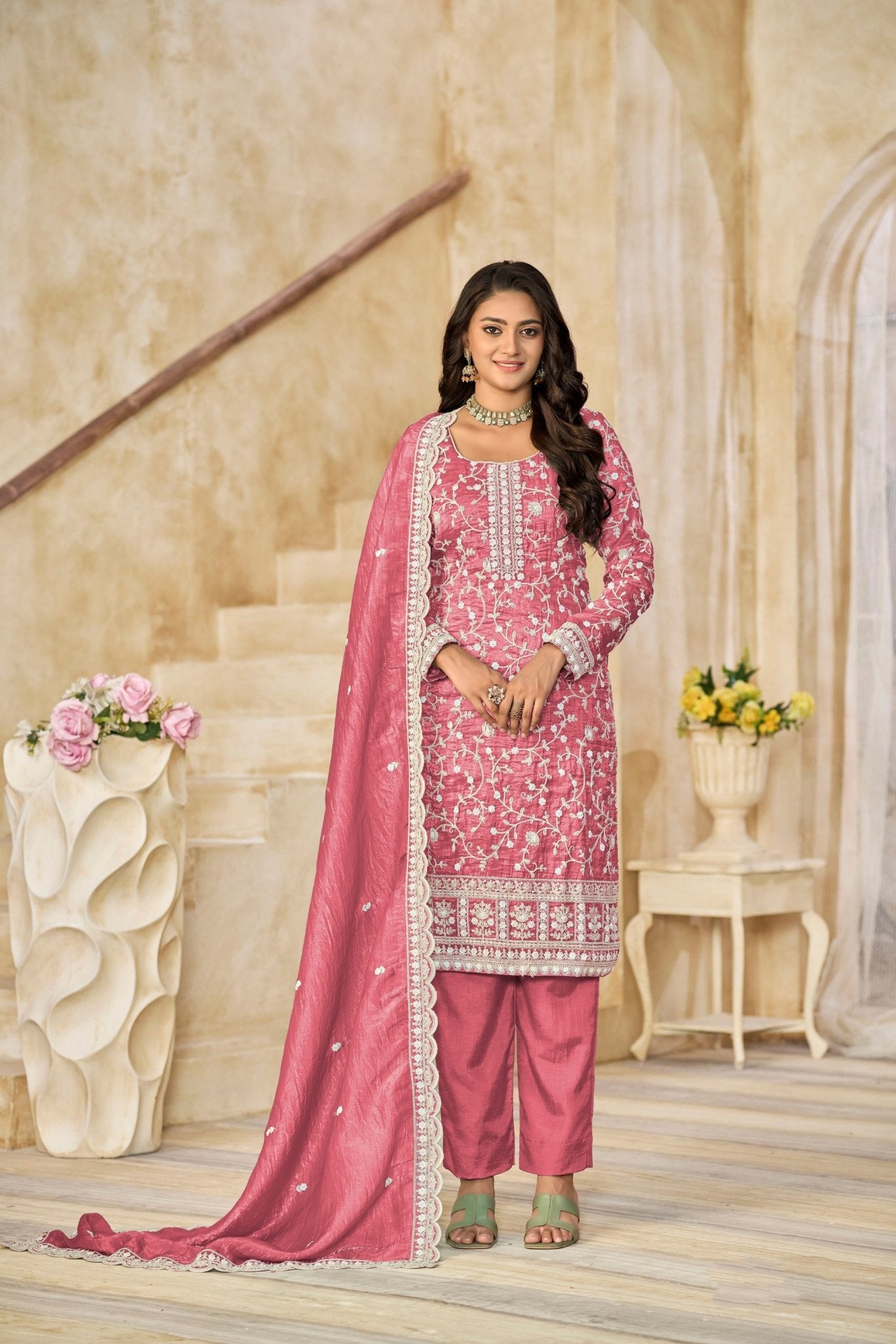 Pink Embroidered Straight Salwar Suit with Matching Dupatta - Mangaldeep NX