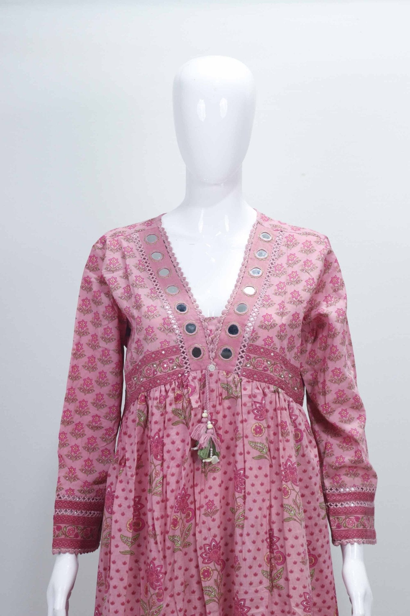 Pink Printed Anarkali Kurta Set with Mirror Work and Dupatta for Women - Mangaldeep NX