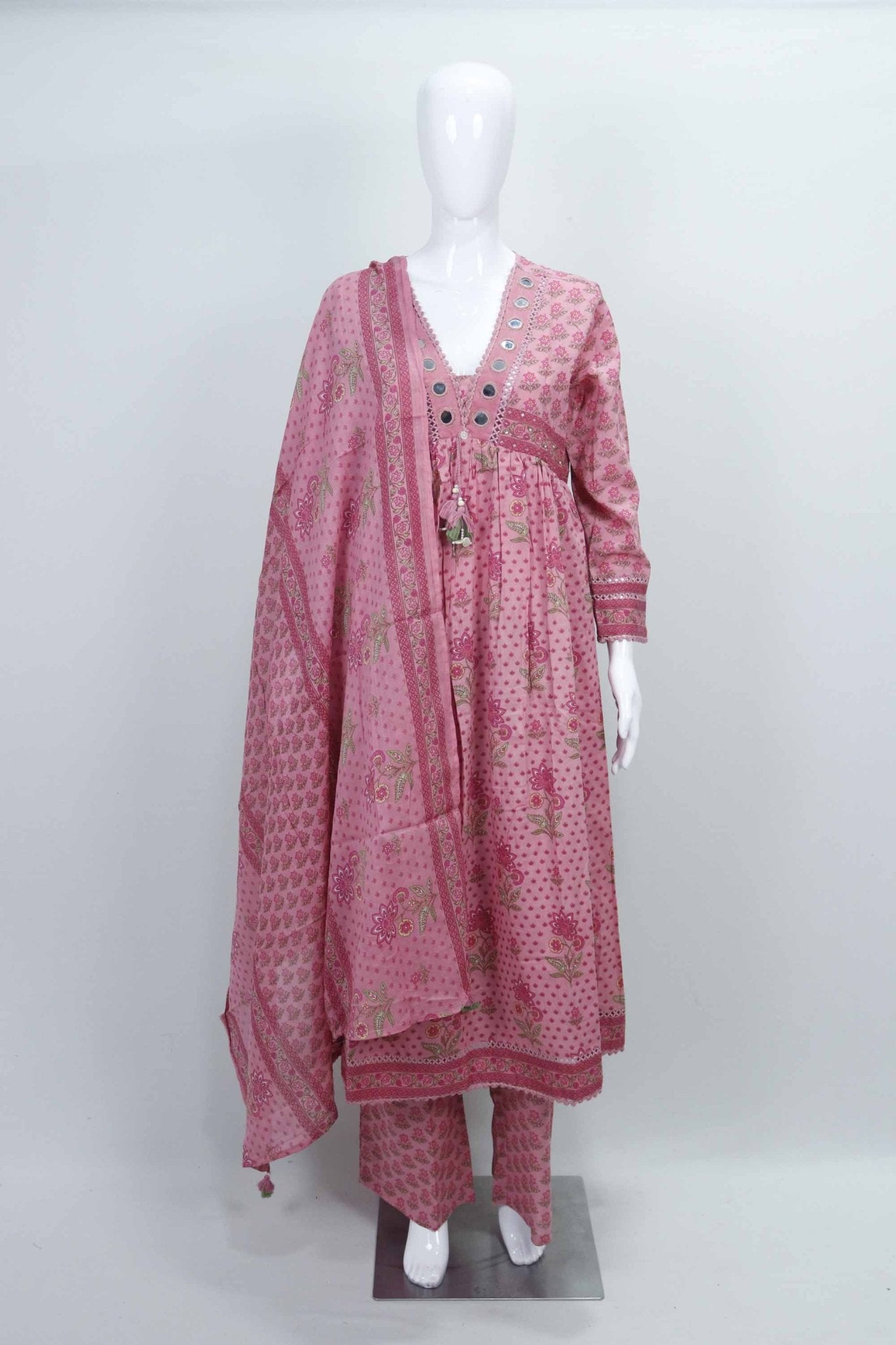 Pink Printed Anarkali Kurta Set with Mirror Work and Dupatta for Women - Mangaldeep NX