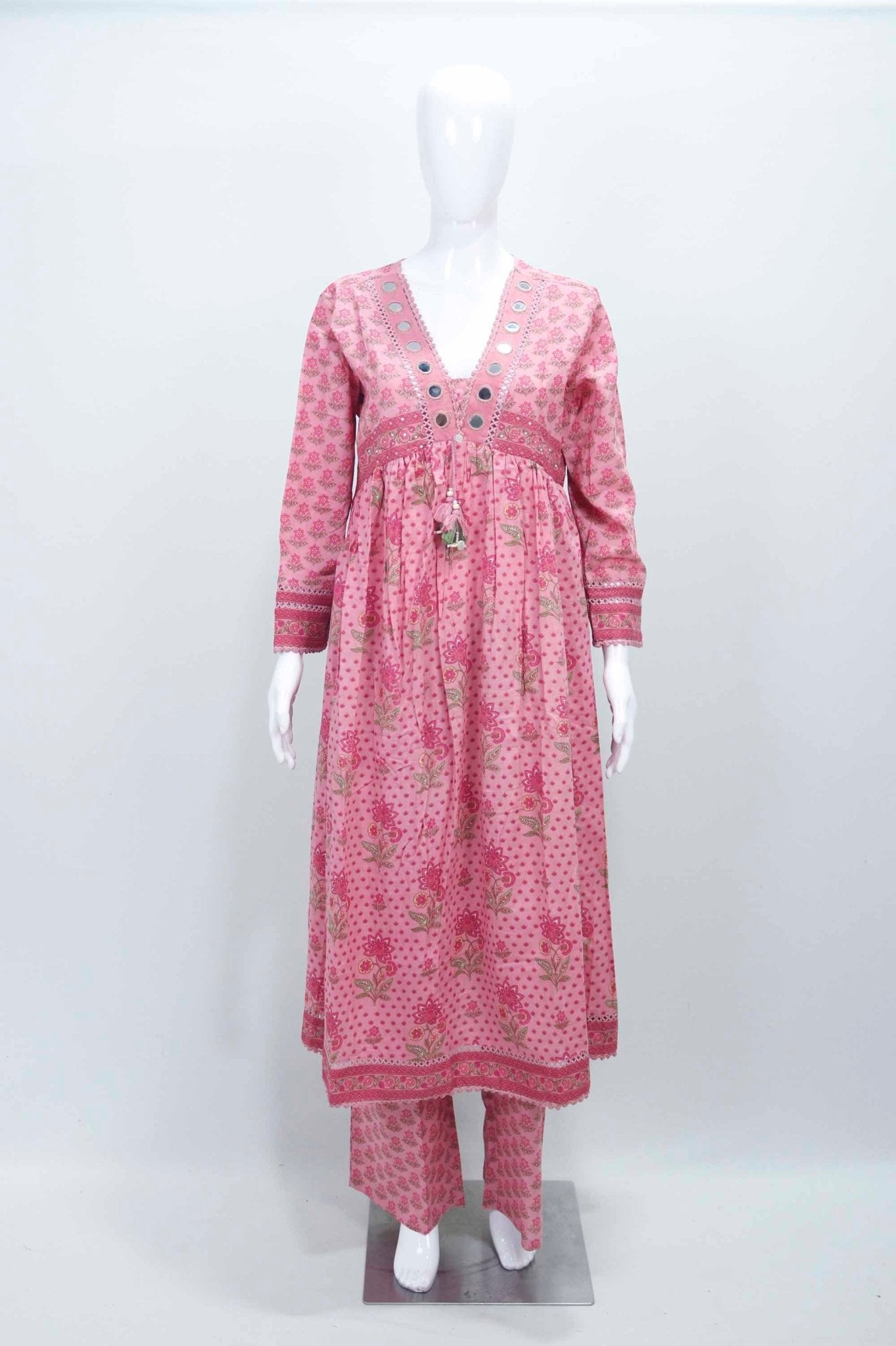 Pink Printed Anarkali Kurta Set with Mirror Work and Dupatta for Women - Mangaldeep NX
