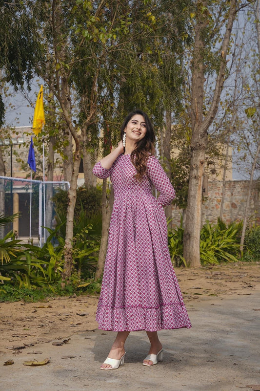 Pink Printed Cotton Anarkali Dress with Three - Quarter Sleeves and Ruffled Hem - Mangaldeep NX