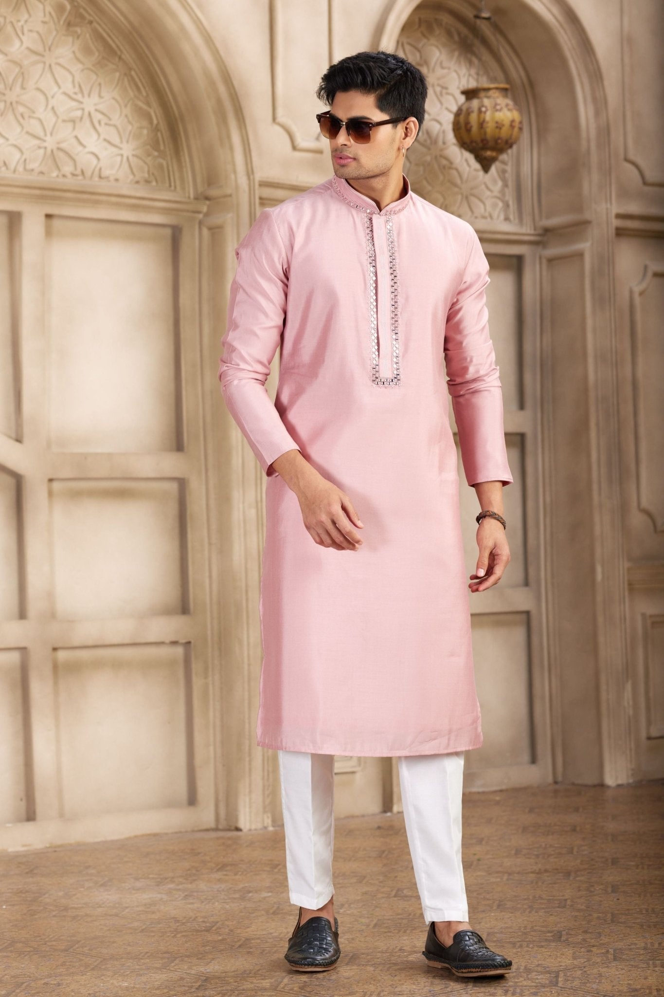 Pink Silk Kurta Pyjama Set for Men with Mirror Embellished Placket - Mangaldeep NX