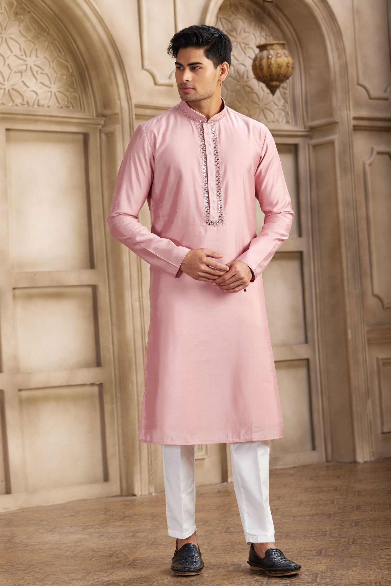 Pink Silk Kurta Pyjama Set for Men with Mirror Embellished Placket - Mangaldeep NX