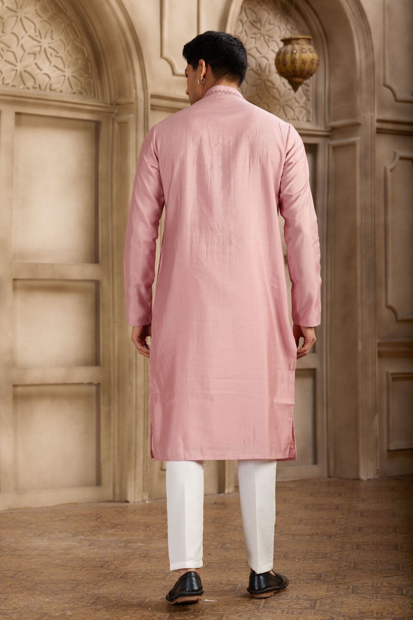 Pink Silk Kurta Pyjama Set for Men with Mirror Embellished Placket - Mangaldeep NX