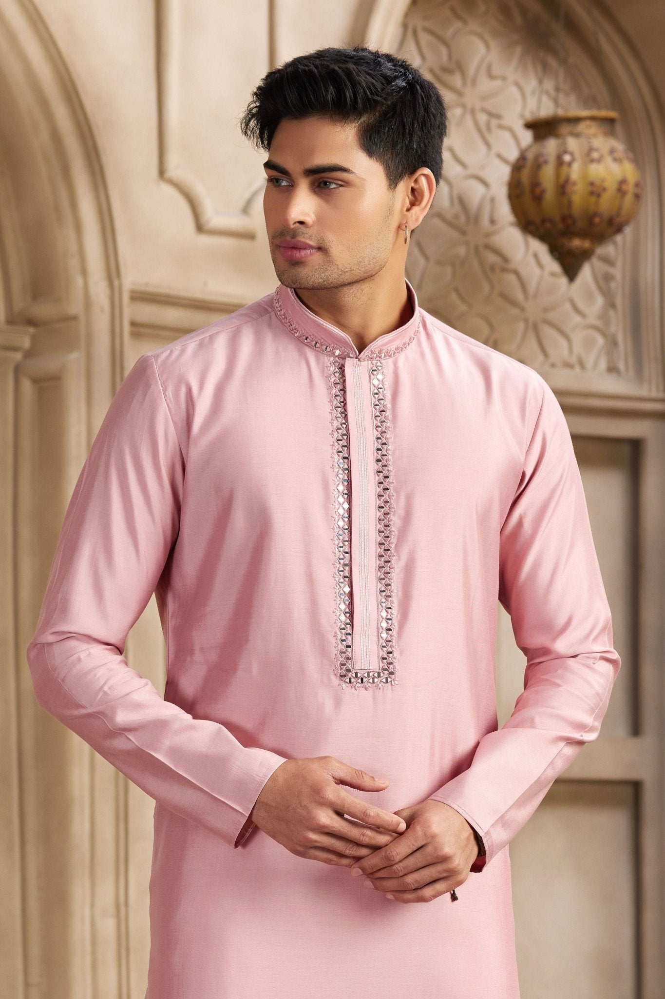 Pink Silk Kurta Pyjama Set for Men with Mirror Embellished Placket - Mangaldeep NX