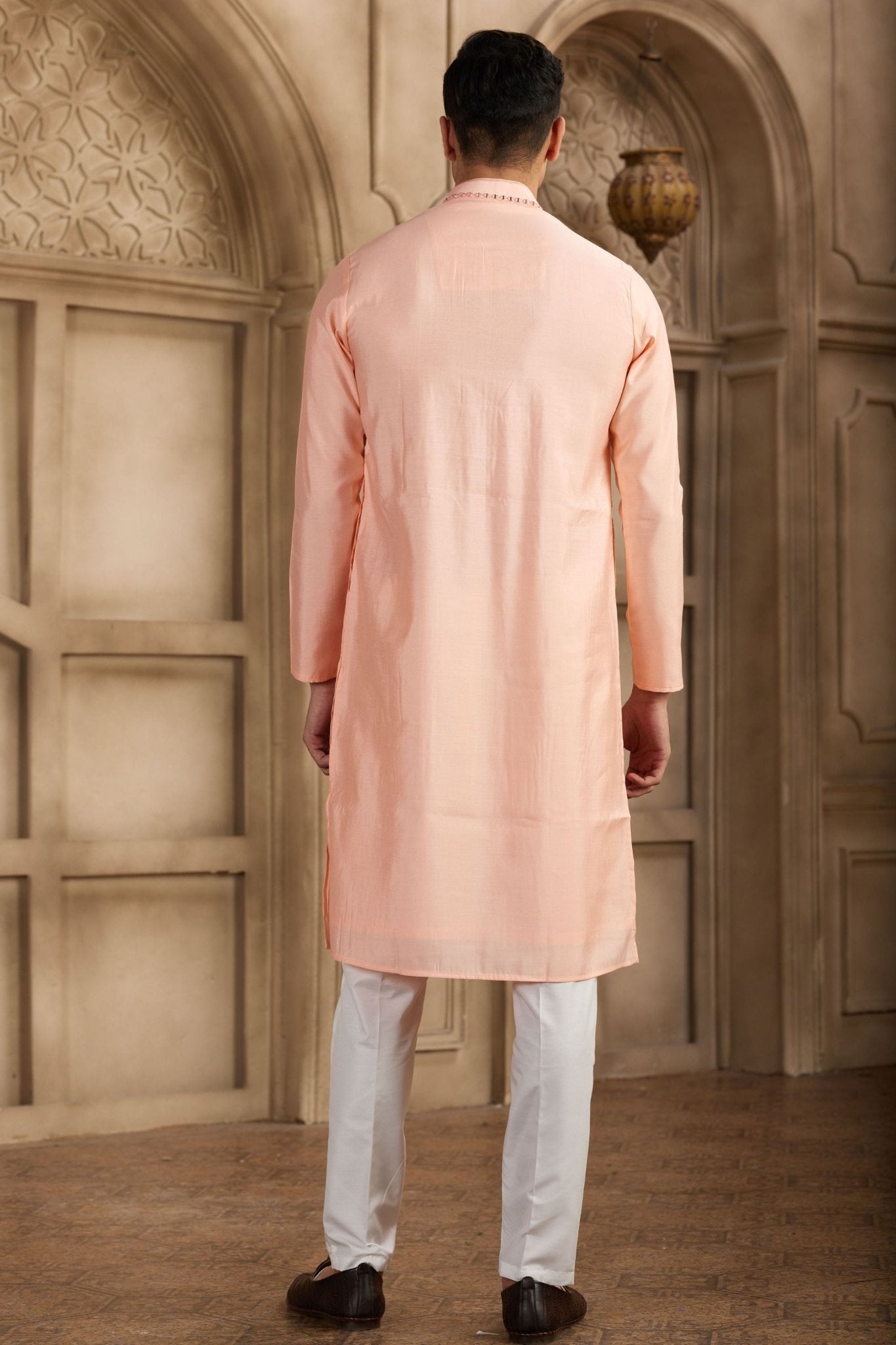 Pink Silk Kurta Pyjama Set with Mirror Embellished Placket - Mangaldeep NX