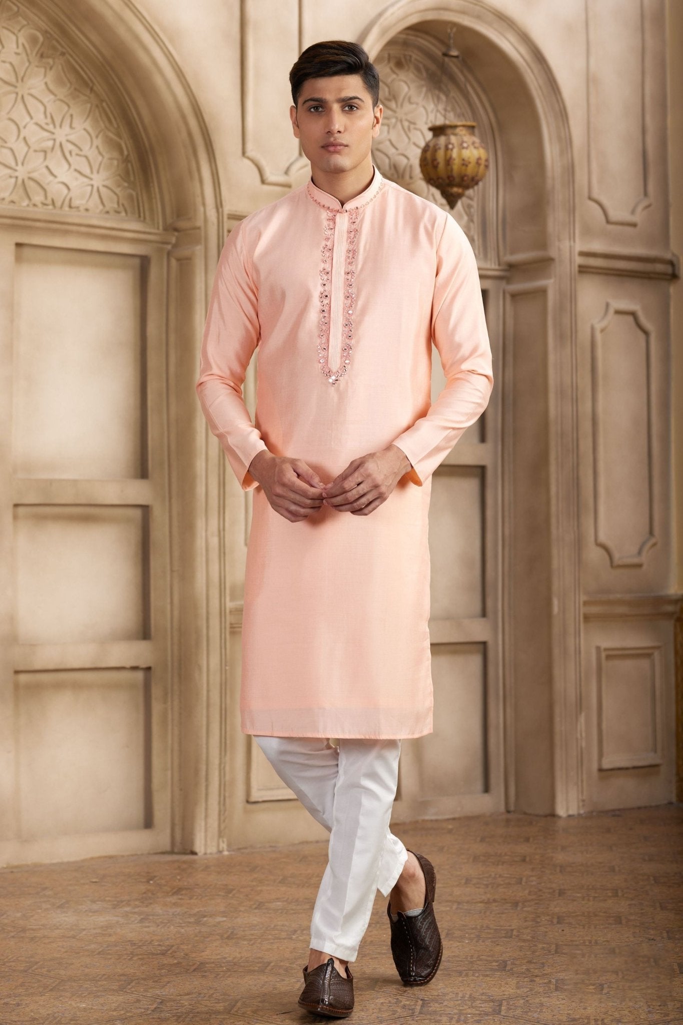Pink Silk Kurta Pyjama Set with Mirror Embellished Placket - Mangaldeep NX