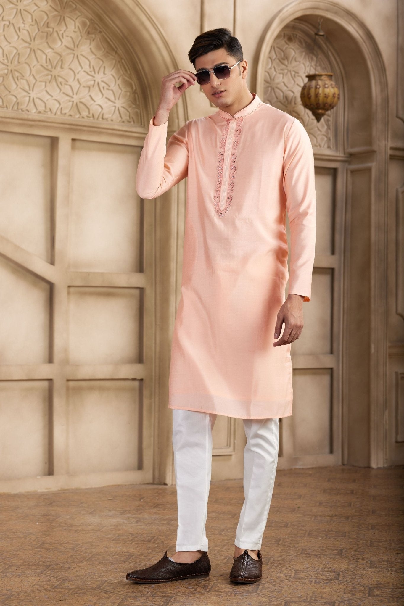 Pink Silk Kurta Pyjama Set with Mirror Embellished Placket - Mangaldeep NX
