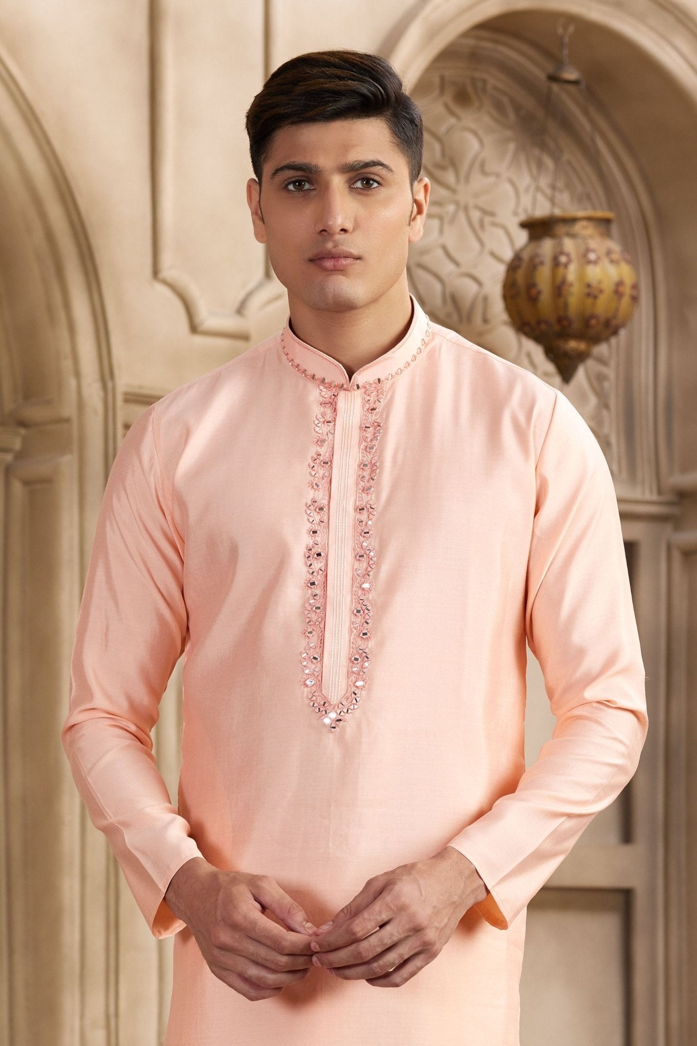 Pink Silk Kurta Pyjama Set with Mirror Embellished Placket - Mangaldeep NX