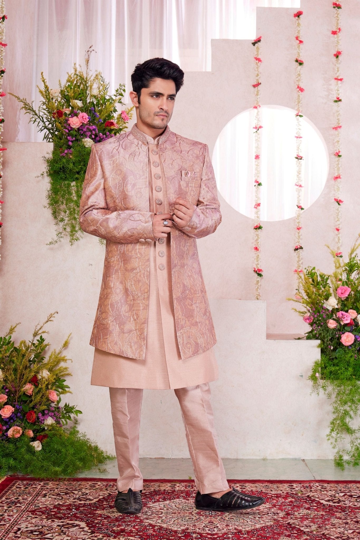 Pink Silk Kurta Set with Light Gold Brocade Patterned Indo - Western Jacket for Men - Mangaldeep NX